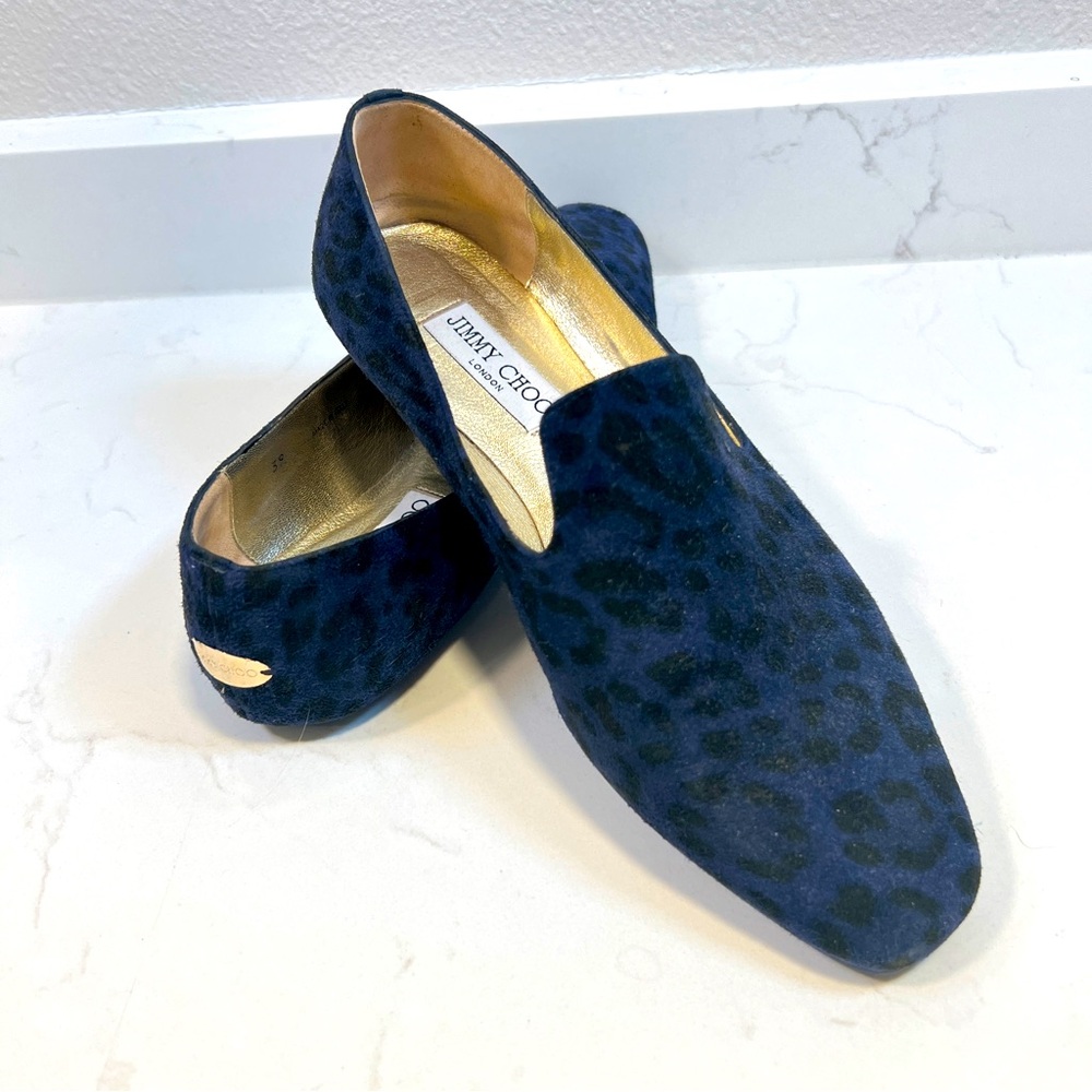 Jimmy Choo Blue Animal Print Suede Loafers Women European Size 39